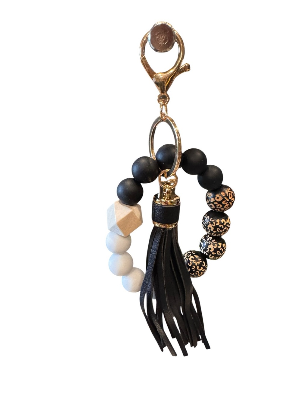 Black and White Beaded Tassel Keychain